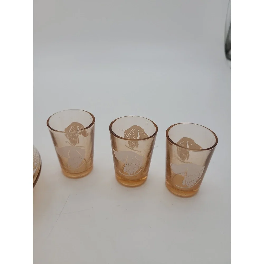 Vintage Amber Decanter With 3 Shot Glasses, Hunting Scene. Made In France